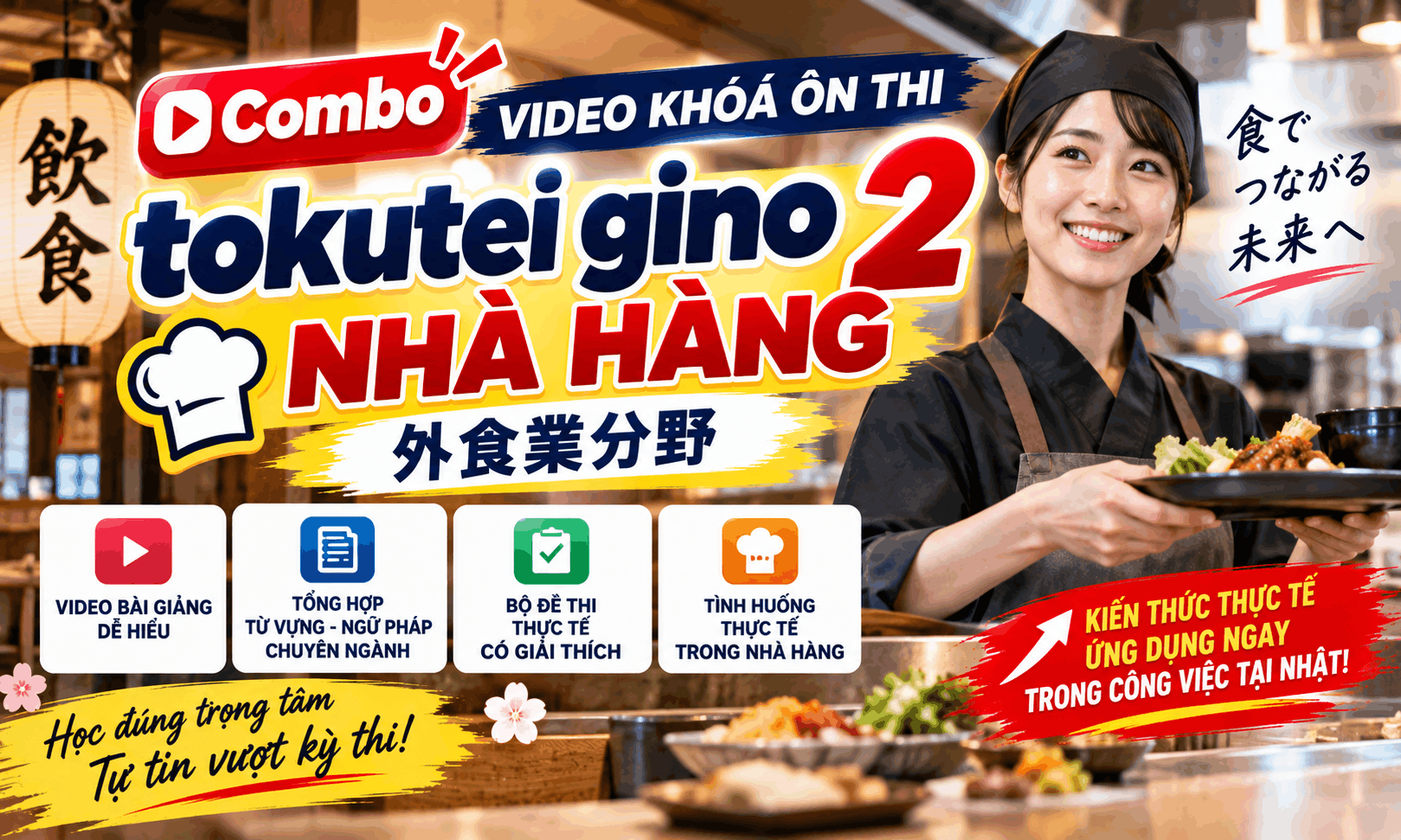 Combo video khóa ôn thi tokutei gino 2 nhà hàng + bộ đề + BTVN + tài liệu